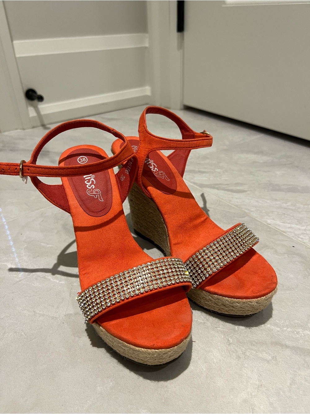 Women's Red Wedge Sandals with Rhinestone Strap